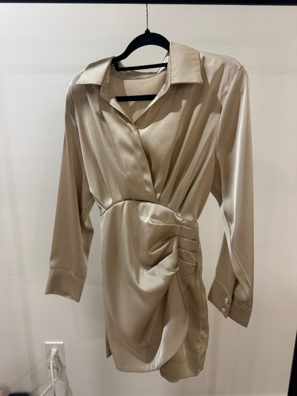 Satin Shirt Mini Dress Champagne Wrap Ruched Waist Long Sleeve Womens S